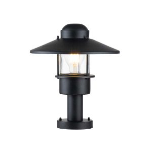 Elstead Klampenborg 1 light stainless steel outdoor pedestal lantern in black on white background, lit.