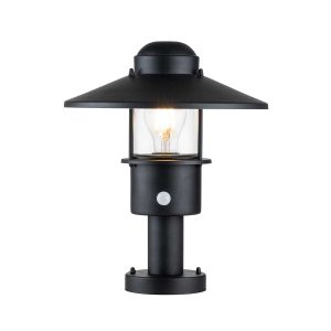 Elstead Klampenborg 1 light stainless steel outdoor pedestal with PIR in black on white background, lit.