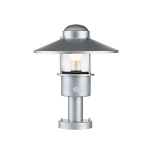 Elstead Klampenborg 1 light stainless steel outdoor pedestal with PIR in silver on white background, lit.