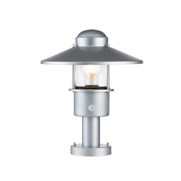 Elstead Klampenborg 1 light stainless steel outdoor pedestal with PIR in silver on white background, lit.