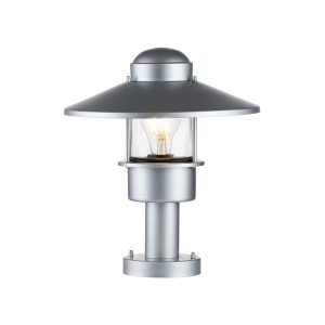 Elstead Klampenborg 1 light stainless steel outdoor pedestal lantern in silver on white background, lit.