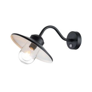 Elstead Klampenborg 1 lamp stainless steel PIR wall light in black on white background, lit.