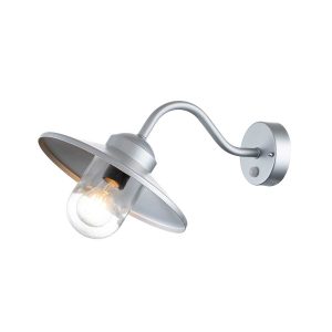 Elstead Klampenborg 1 lamp stainless steel PIR wall light in silver on white background, lit.