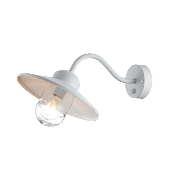 Elstead Klampenborg 1 lamp stainless steel PIR wall light in white on white background, lit.