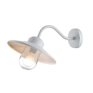 Elstead Klampenborg 1 lamp stainless steel outdoor wall light in white on white background, lit.