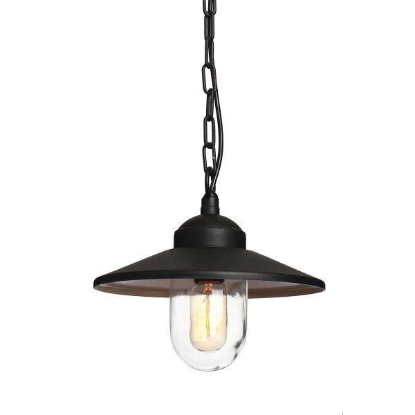 Klampenborg 1 lamp stainless steel outdoor hanging porch light in black on white background, lit