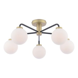Lainey 5 light semi flush ceiling light in antique brass with opal glass shades, on white background lit