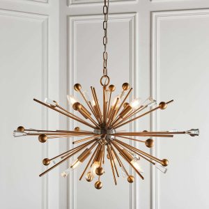 Large 8 light starburst pendant in aged brass and black nickel with crystal glass main image