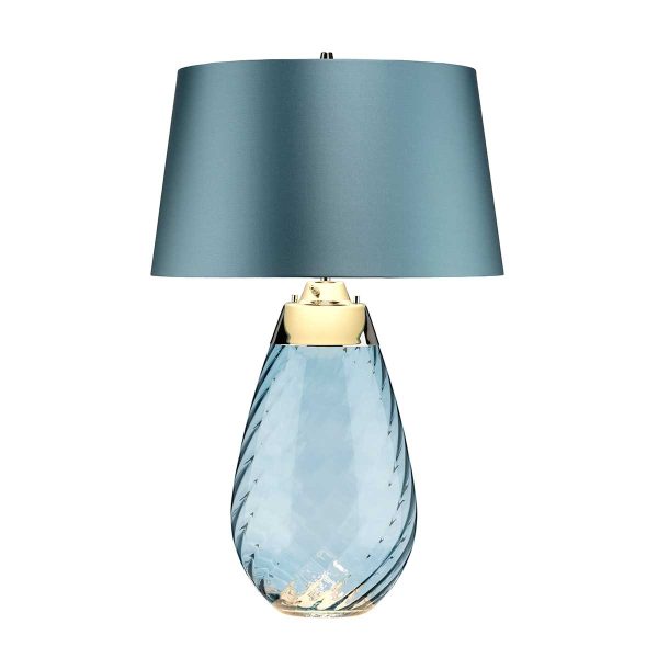 Elstead Lena 2 light large blue glass table lamp in polished nickel with duck egg blue shade on white background.