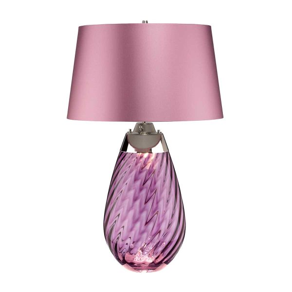 Elstead Lena 2 light large plum glass table lamp in polished nickel with heather shade on white background, lit.