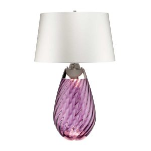 Elstead Lena 2 light large plum glass table lamp in polished nickel with off-white shade on white background.