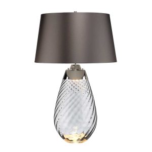 Elstead Lena 2 light large smoked glass table lamp in polished nickel with slate shade on white background