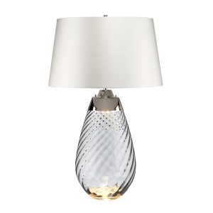 Elstead Lena 2 light large smoked glass table lamp in polished nickel with off-white shade on white background.