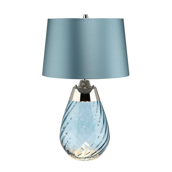 Elstead Lena 2 light small blue glass table lamp in polished nickel with duck egg blue shade on white background.