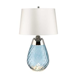 Elstead Lena 2 light small blue glass table lamp in polished nickel with off-white shade on white background.