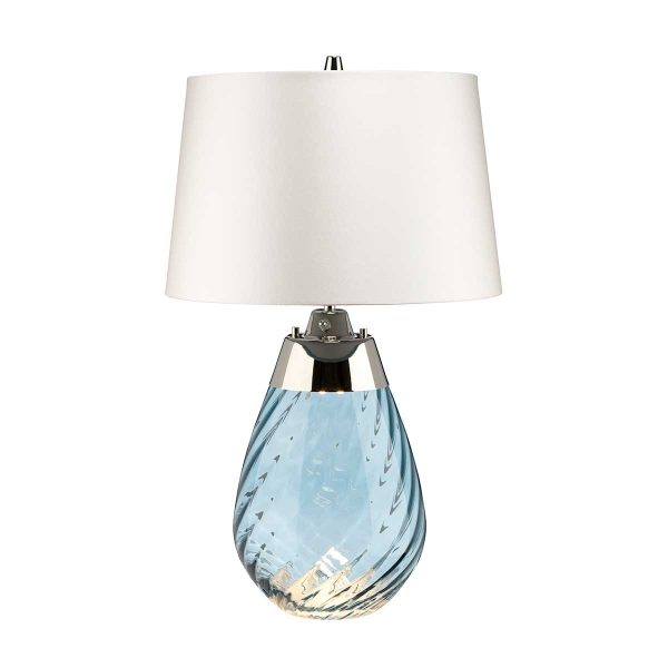 Elstead Lena 2 light small blue glass table lamp in polished nickel with off-white shade on white background.