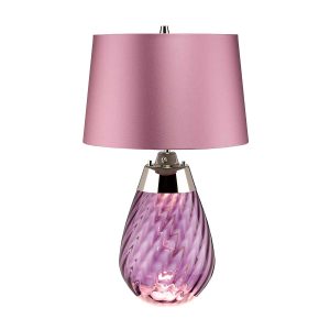 Elstead Lena 2 light small plum glass table lamp in polished nickel with heather shade on white background.