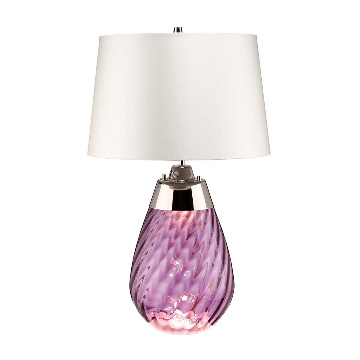 Elstead Lena 2 light small plum glass table lamp in polished nickel with off-white shade on white background.