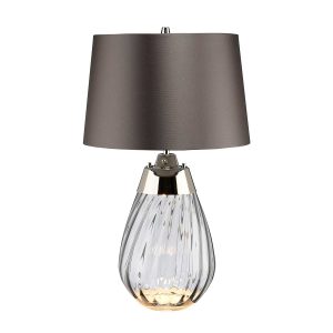 Elstead Lena 2 light small smoked glass table lamp in polished nickel with slate shade on white background.