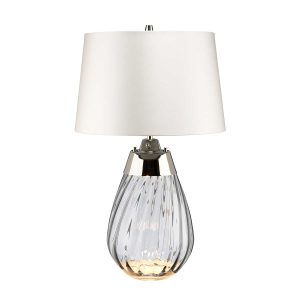 Elstead Lena 2 light small smoked glass table lamp in polished nickel with off-white shade on white background.