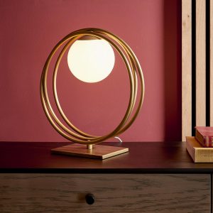 Loop modern table lamp in brushed gold with opal glass shade main image