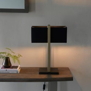 Modern 1 light rectangular table lamp in satin brass with black cotton shade roomset