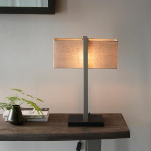 Modern 1 light rectangular table lamp in satin nickel with natural linen shade roomset