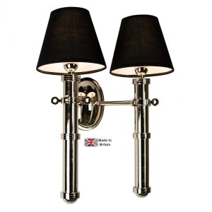Velsheda twin nautical wall light in polished nickel plated solid brass shown with black shade