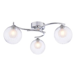 Nakita 3 light flush ceiling light in polished chrome with clear ribbed glass outer and opal glass inner shades on white background