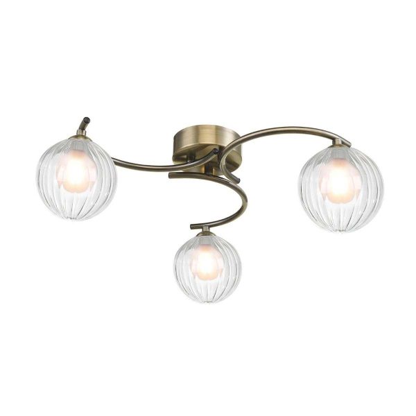 Nakita 3 light flush ceiling light in antique brass with clear ribbed glass outer and opal glass inner shades on white background