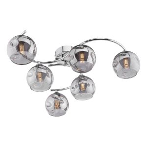 Nakita 6 light flush ceiling light with dimpled smoked glass shades in chrome lit