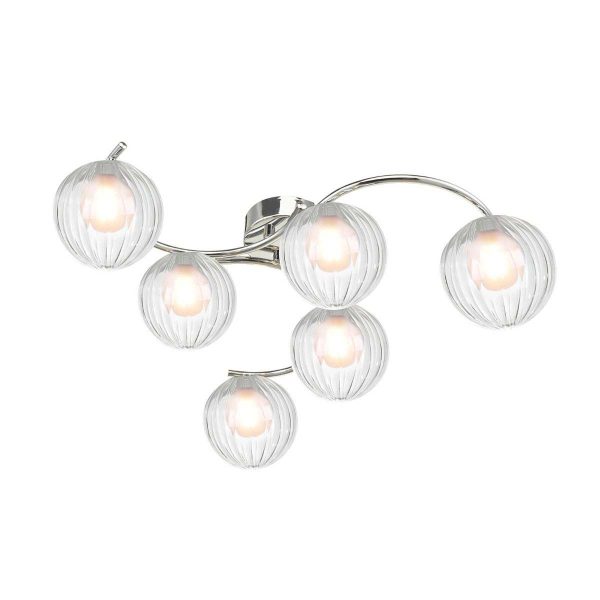 Nakita 6 light flush ceiling light in polished chrome with clear ribbed glass outer and opal glass inner shades on white background