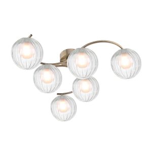 Nakita 6 light flush ceiling light in antique brass with clear ribbed glass outer and opal glass inner shades on white background