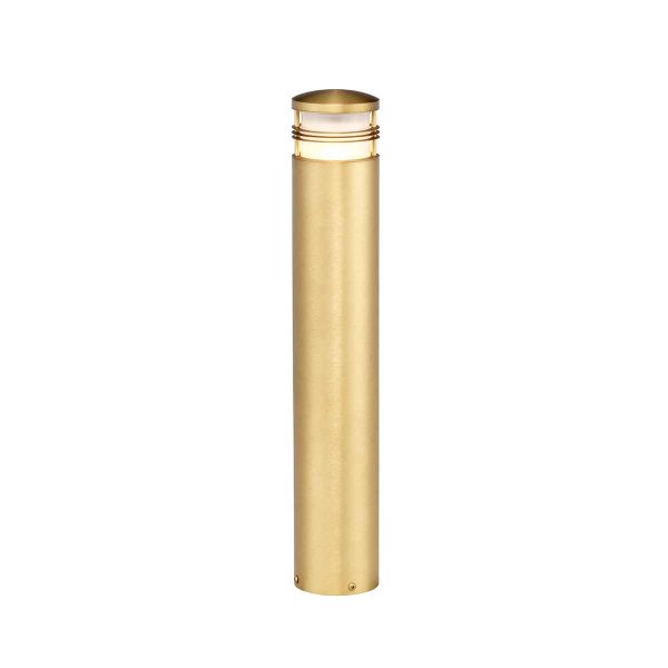 Elstead New Brighton 1 light solid brass outdoor bollard light on white background, lit.