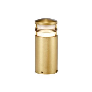 Elstead New Brighton 1 light solid brass mini outdoor bollard light on white background, lit