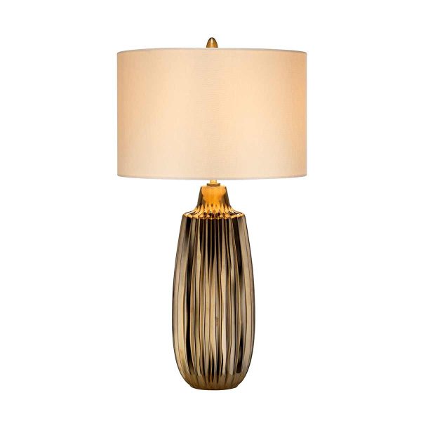 Elstead Newham 1 light large bronze ceramic table lamp with pearl fabric shade on white background, lit.