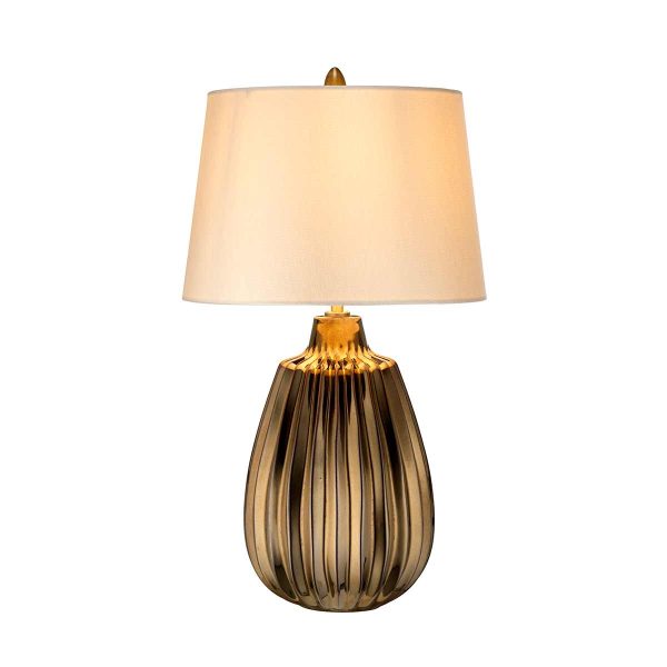 Elstead Newham 1 light small bronze ceramic table lamp with pearl fabric shade on white background, li.