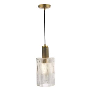 Nikolas 1 light pendant in solid brass with ribbed cylinder glass shade on white backgroung