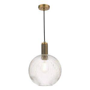 Nikolas 1 light pendant in solid brass with ribbed glass globe shade on white background