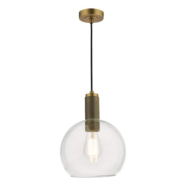 Nikolas 1 light pendant in solid brass with clear glass bowl shade on white background