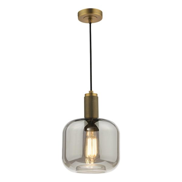 Nikolas 1 light pendant in solid brass with smoked glass shade on white background lit