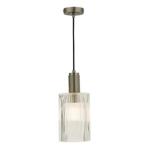 Nikolas 1 light pendant in antique chrome with ribbed cylinder glass shade on white background