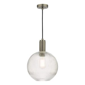 Nikolas 1 light pendant in antique chrome with ribbed glass globe shade on white background