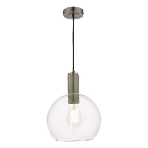 Nikolas 1 light pendant in antique chrome with clear glass bowl shade on white background