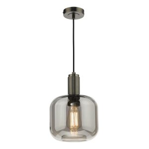Nikolas 1 light pendant in antique chrome with smoked glass shade on white background lit