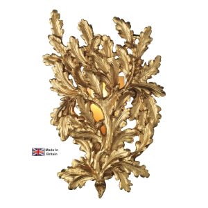 David Hunt Oak Branch traditional gold wall light on white background, lit.