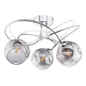 Onawa 3 arm flush ceiling light with dimpled smoked glass shades in chrome on white background lit