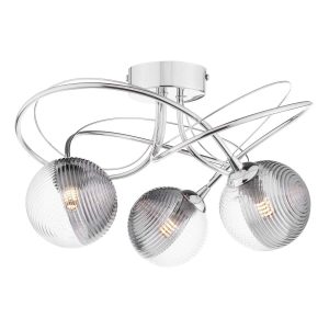 Onawa 3 light semi flush in polished chrome with ribbed clear and smoked glass shades on white background lit