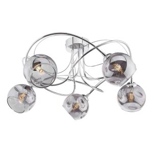 Onawa 5 arm flush ceiling light with dimpled smoked glass shades in chrome on white background lit