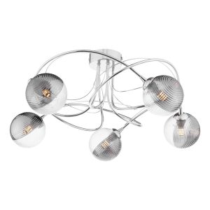 Onawa 5 light semi flush in polished chrome with ribbed clear and smoked glass shades on white background lit